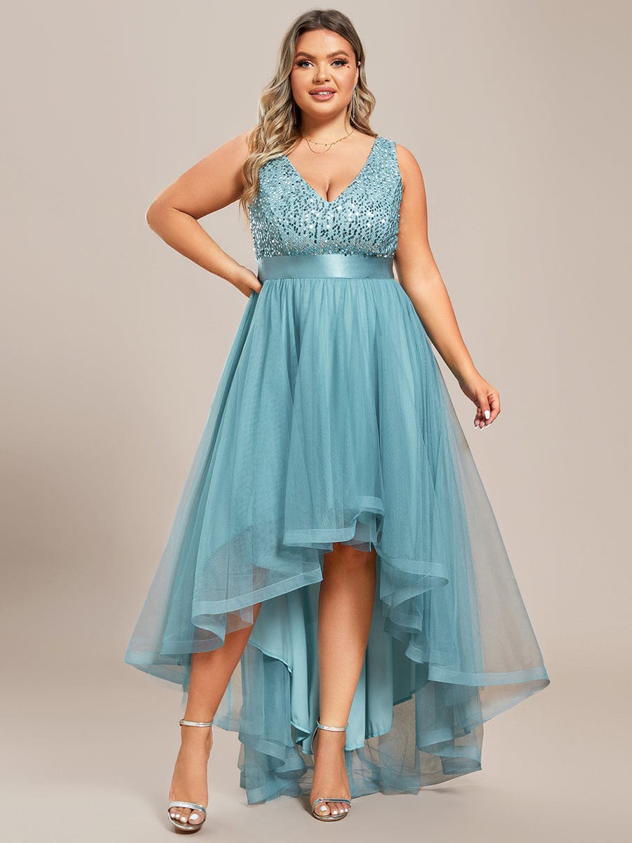 Plus Size Sleeveless Sequin Ribbon Waist Tulle High Low Evening Dress #color_Dusty Blue
