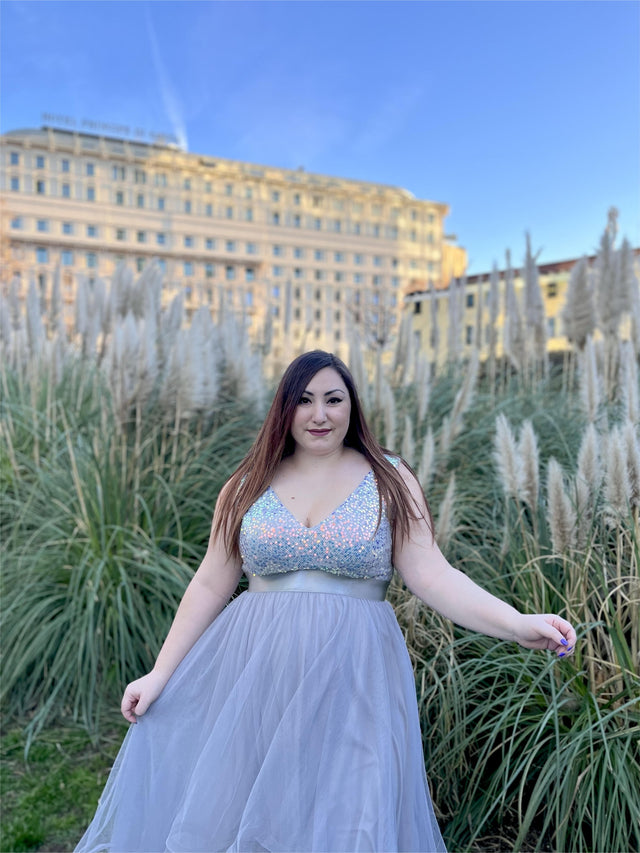 pretty CALLIE|Plus Size Sleeveless Sequin Ribbon Waist Tulle High Low Evening Dress Fan Photos 2
