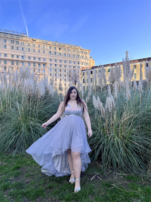 pretty CALLIE|Plus Size Sleeveless Sequin Ribbon Waist Tulle High Low Evening Dress Fan Photos 1
