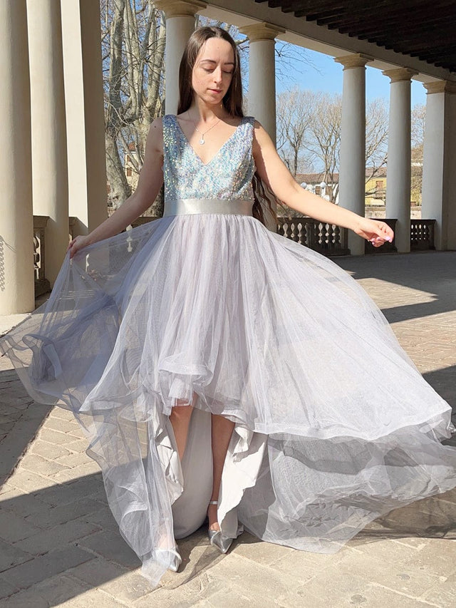 pretty CALLIE|Plus Size Sleeveless Sequin Ribbon Waist Tulle High Low Evening Dress Fan Photos 3
