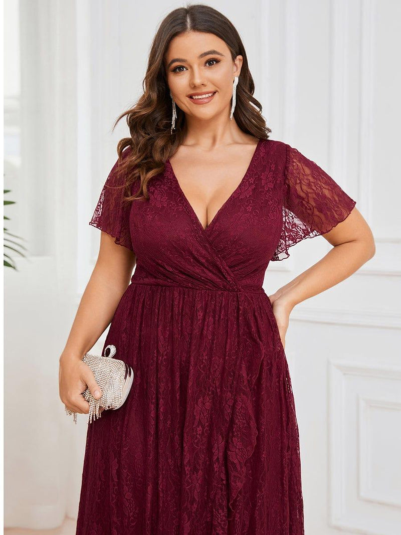Plus Size Short Sleeve Ruffled Pleated V-Neck A-Line Midi Wedding Guest Dresses