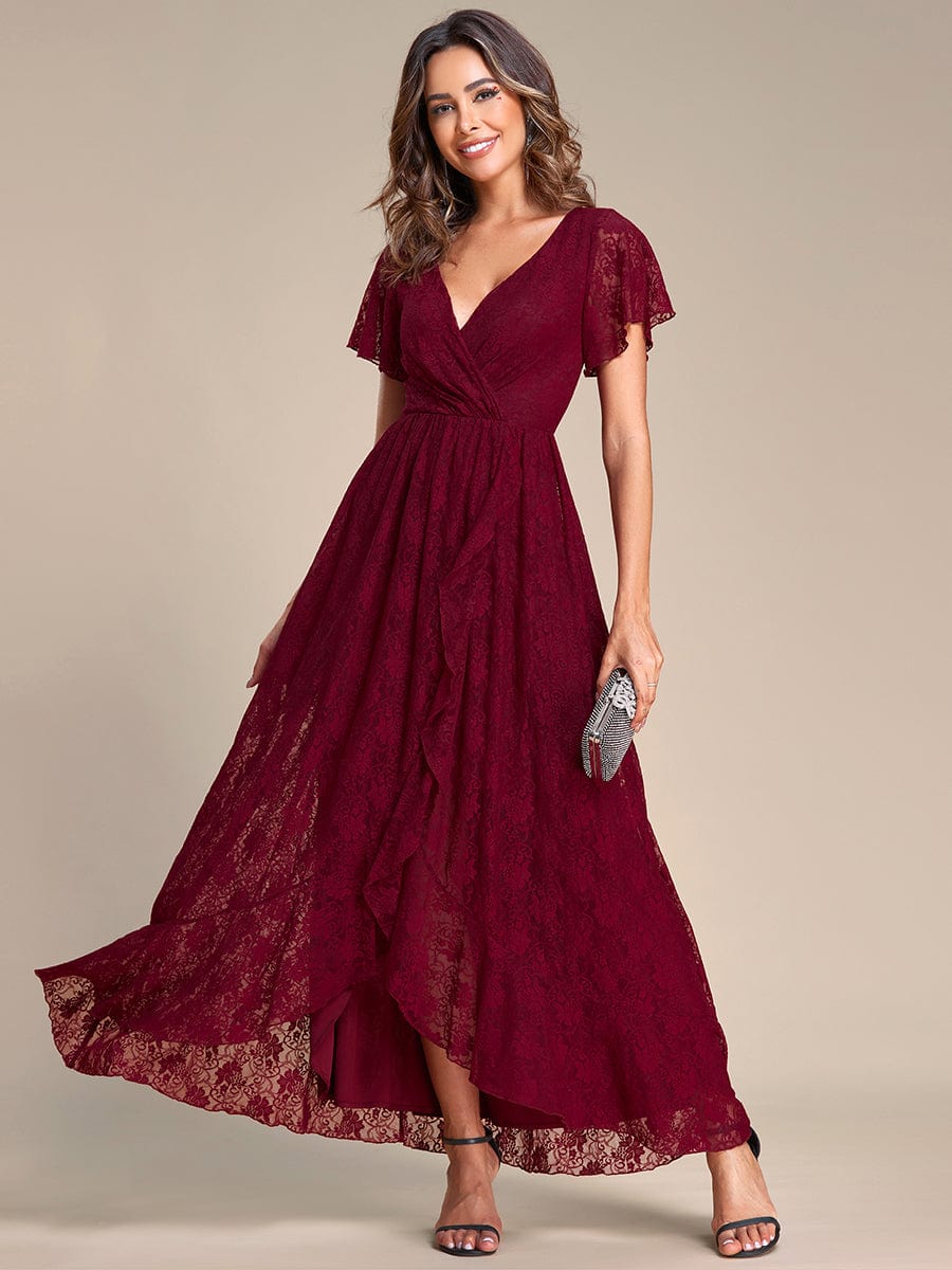 Pleated V-Neck Short Sleeve Ruffled Lace Evening Dress #color_Burgundy