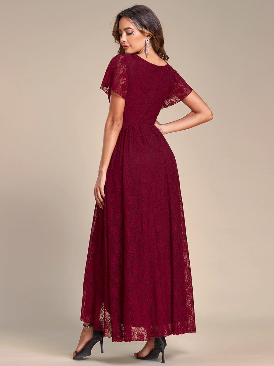 Pleated V-Neck Short Sleeve Ruffled Lace Evening Dress #color_Burgundy