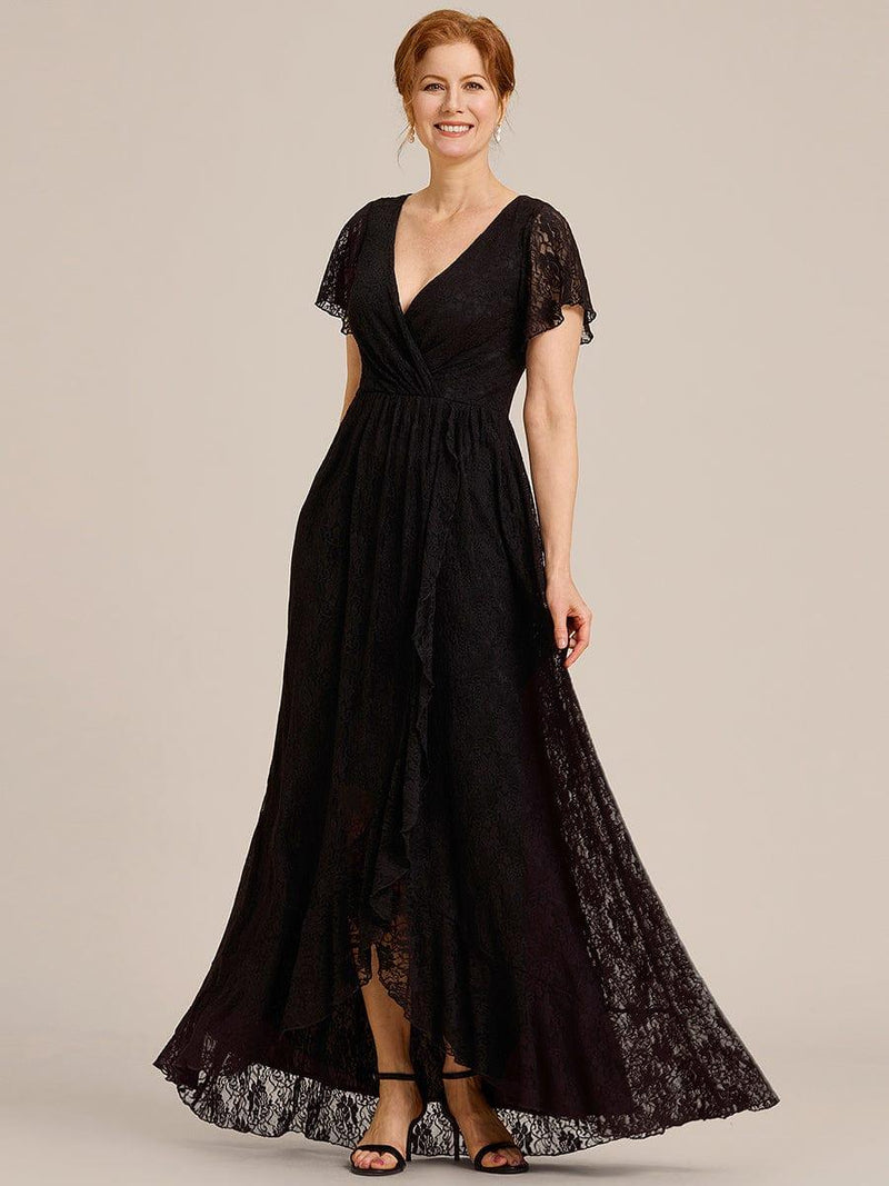 3/4 Sleeves Gunmetal Pleats V-Neck Mother Of The Bride Dress with Ruffle Side