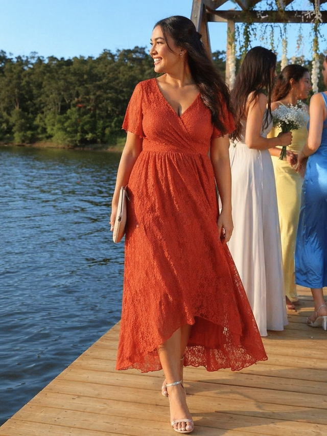 pretty ELISE|Plus Size Ruffled Lace Formal Evening Dress Fan Photos 2
