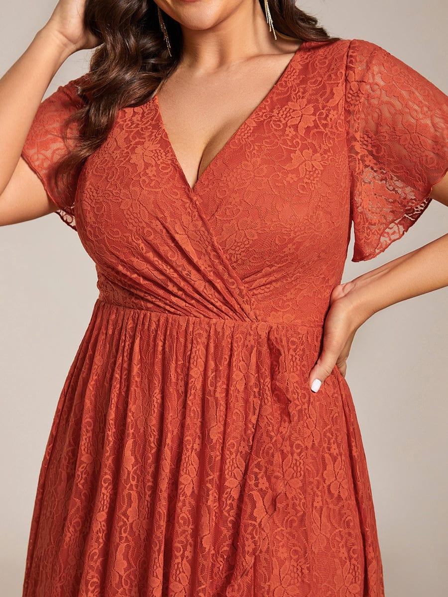 Plus Size Short Sleeve Ruffled V-Neck A-Line Lace Wedding Guest Dress #color_Burnt Orange