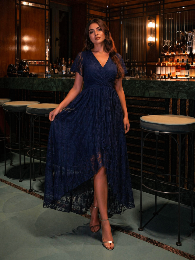 ever ELISE|Pleated V-Neck Lace Formal Evening Dress Fan Photos 3
