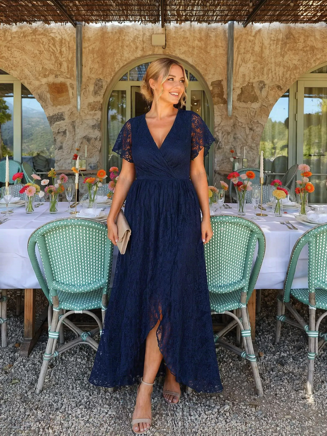 ever ELISE|Pleated V-Neck Lace Formal Evening Dress Fan Photos 8

