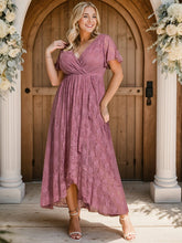 Pleated V-Neck Short Sleeve Ruffled Lace Evening Dress #color_Purple Orchid
