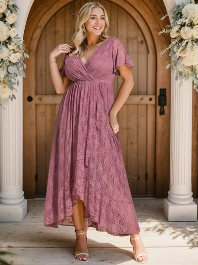 High-Low V-Neck Ruffled Lace Wedding Guest Dress #color_Purple Orchid