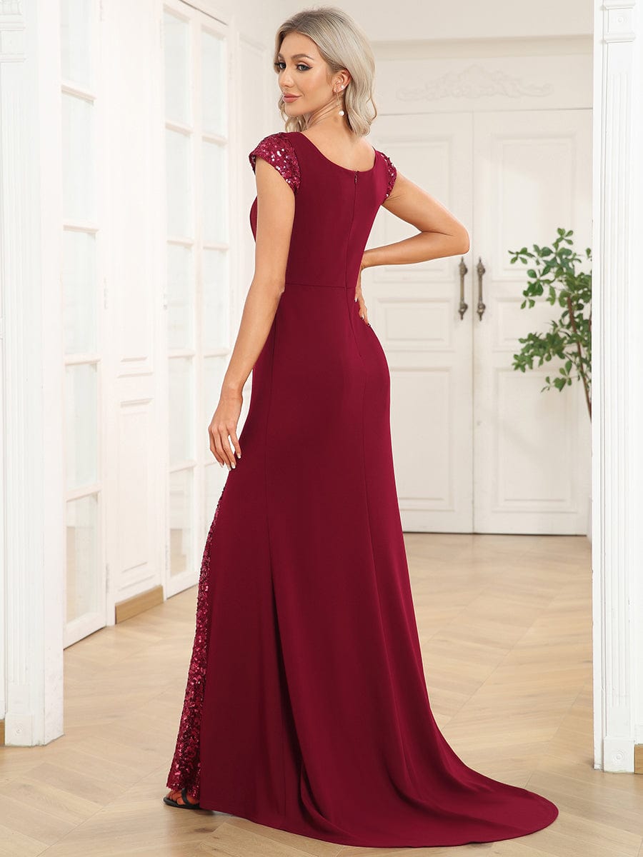 Custom Size Sequin Deep V Trail Sequin Fashion Evening Dress #color_Burgundy