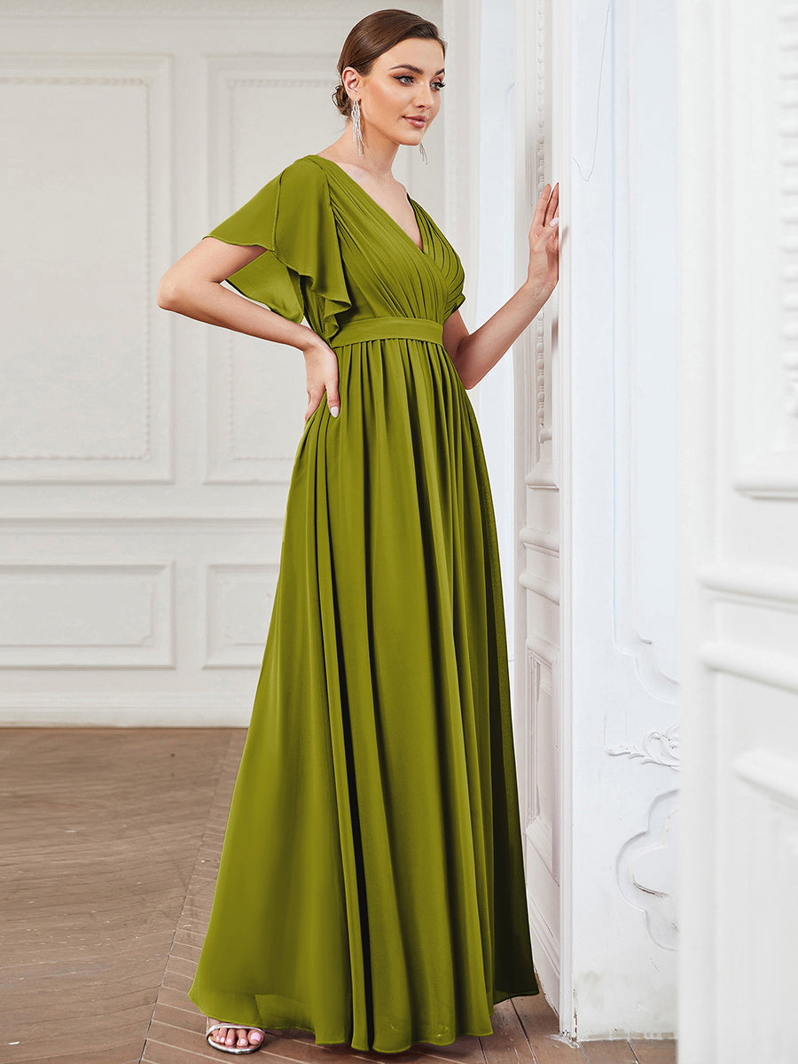 A-Line Pleated Chiffon Tie-Waist Evening Dress #color_Citron
