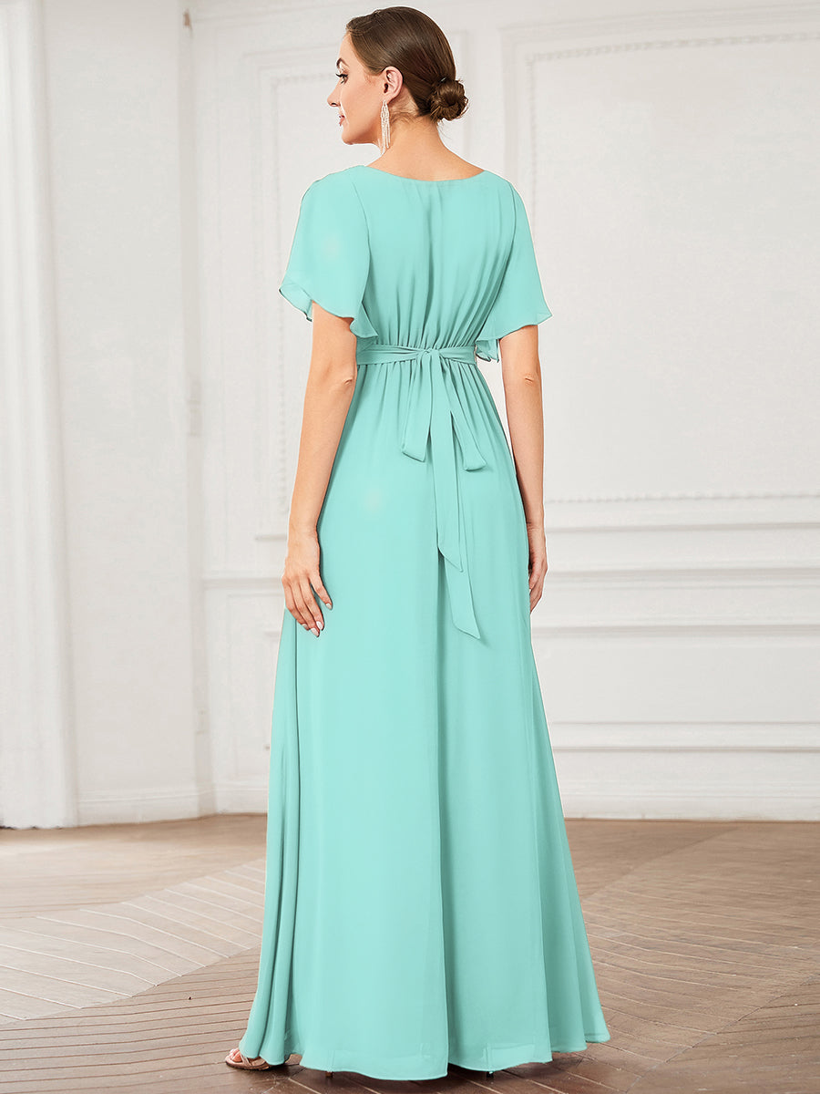 A-Line Pleated Chiffon Tie-Waist Bridesmaid Dress #color_Pastel blue