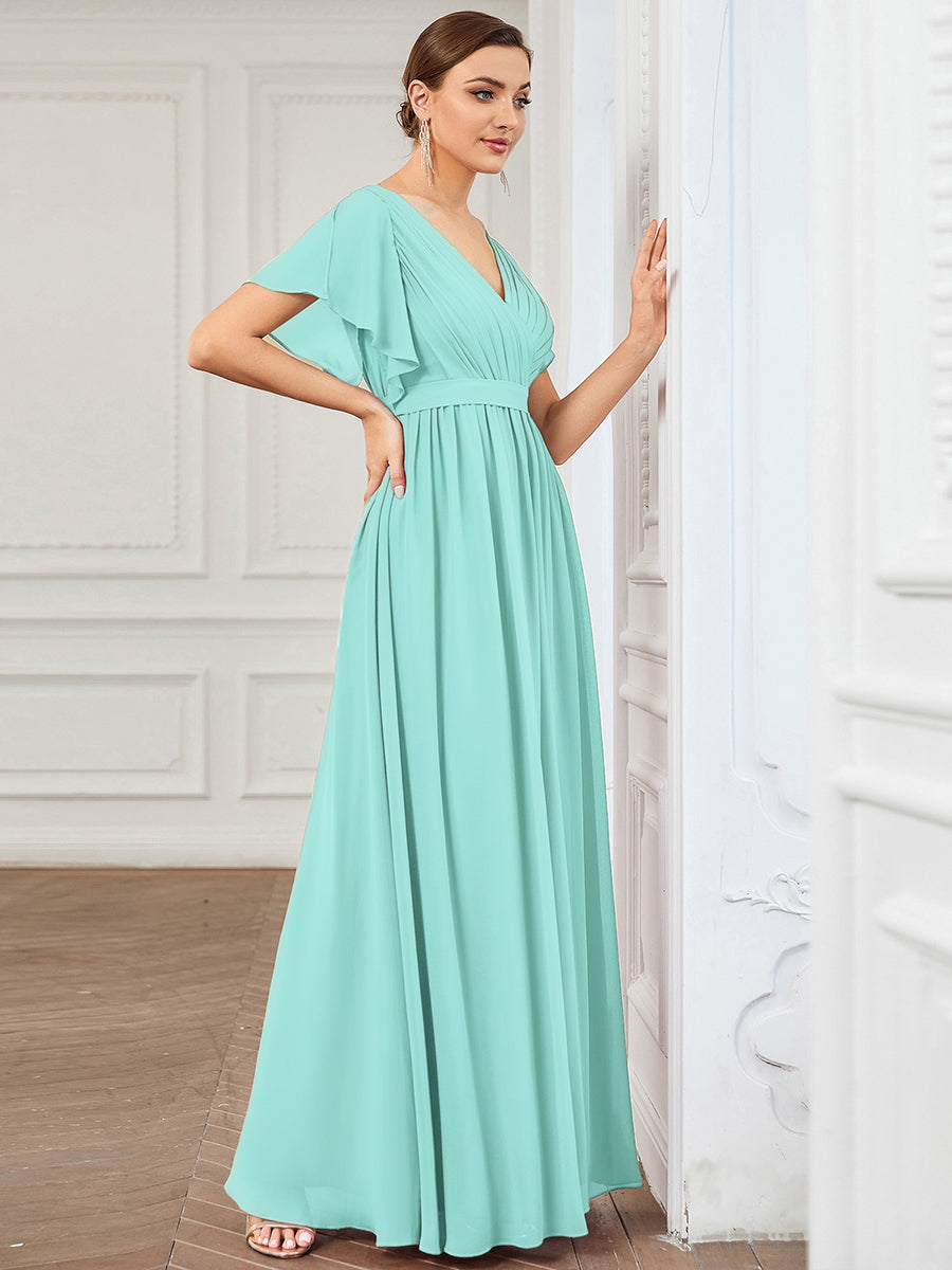 A-Line Pleated Chiffon Tie-Waist Bridesmaid Dress #color_Pastel blue