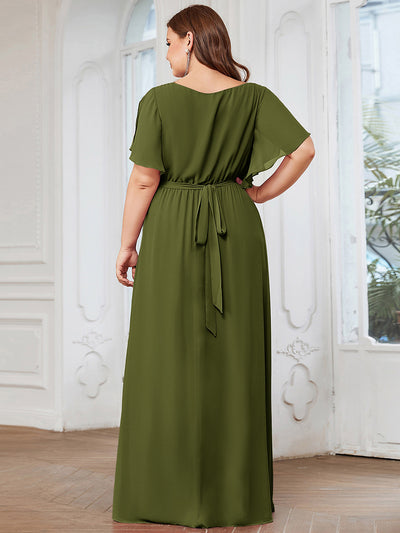 Plus Size Pleated Tie-Waist Chiffon Bridesmaid Dress #color_Olive Green