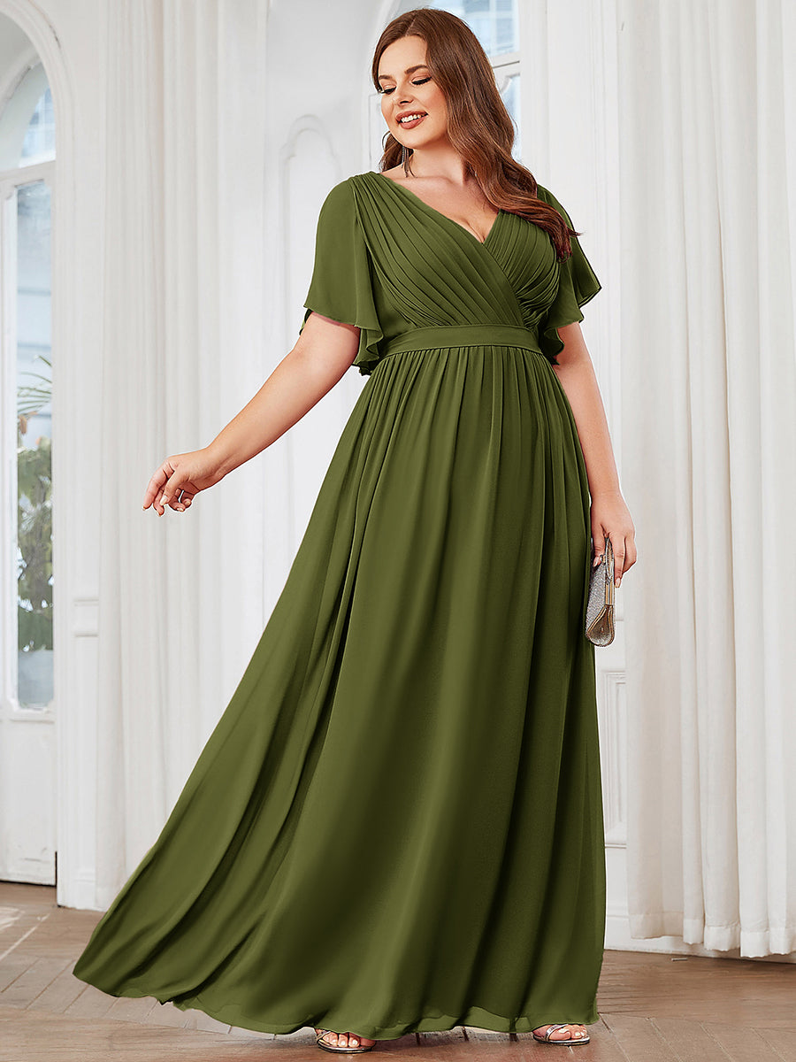 Plus Size Pleated Tie-Waist Chiffon Bridesmaid Dress #color_Olive Green