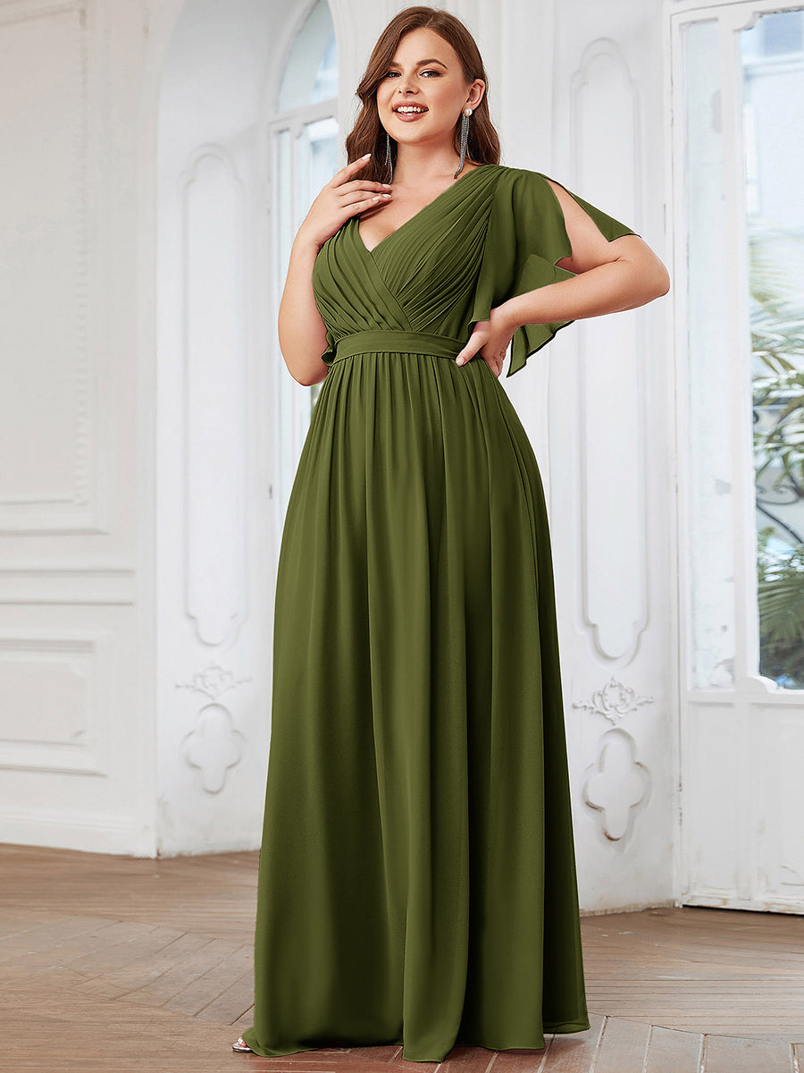 Plus Size Pleated Tie-Waist Chiffon Bridesmaid Dress #color_Olive Green