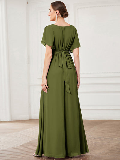 A-Line Pleated Chiffon Tie-Waist Bridesmaid Dress #color_Olive Green