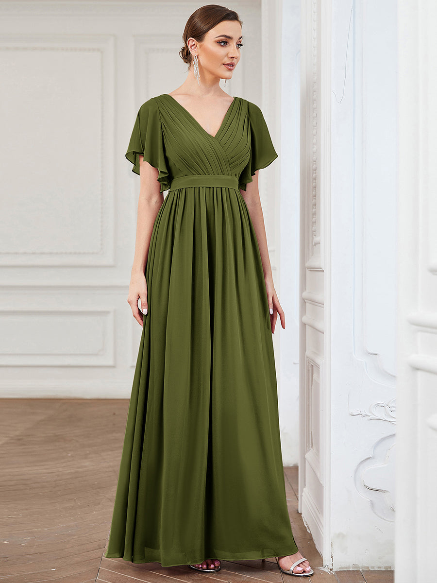 A-Line Pleated Chiffon Tie-Waist Bridesmaid Dress #color_Olive Green