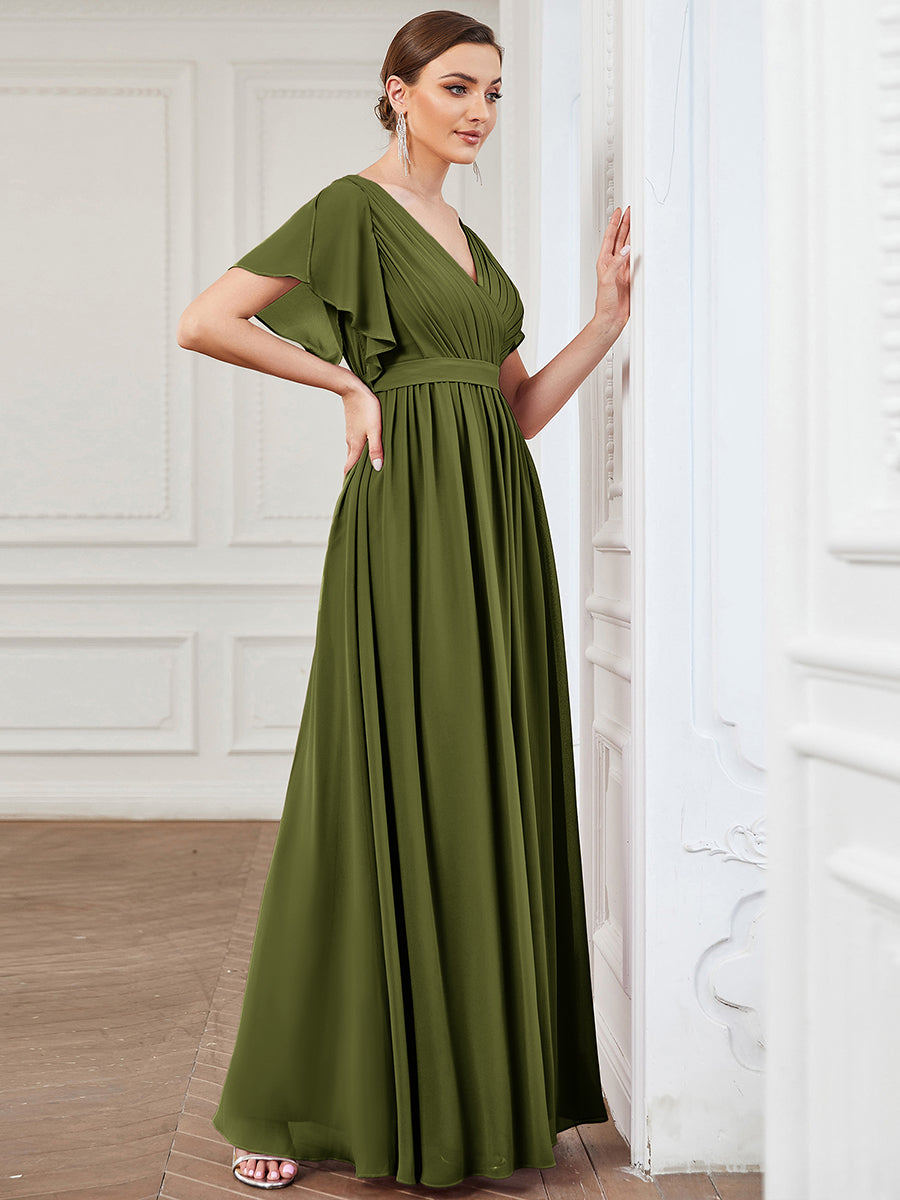 A-Line Pleated Chiffon Tie-Waist Bridesmaid Dress #color_Olive Green
