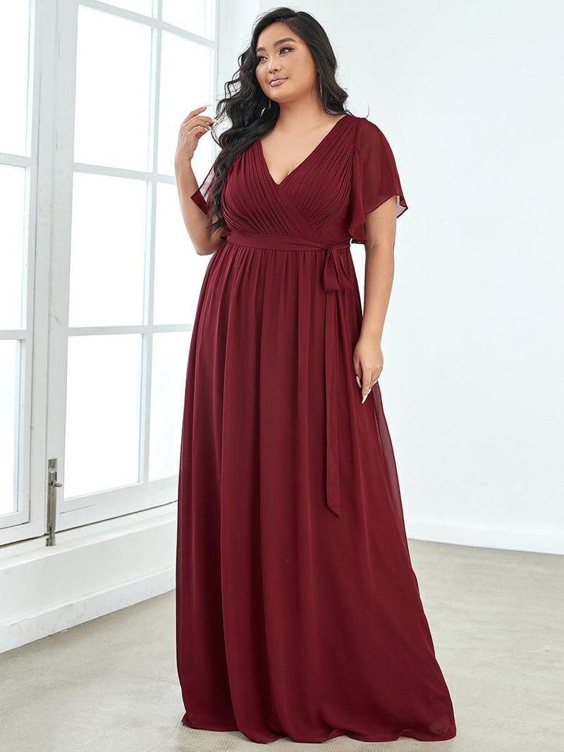 Long Chiffon Dress with V Neck & Pleated Upper Bodice Taupe Plus Size