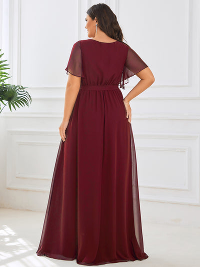 Plus Size Pleated Tie-Waist Chiffon Bridesmaid Dress #color_Burgundy