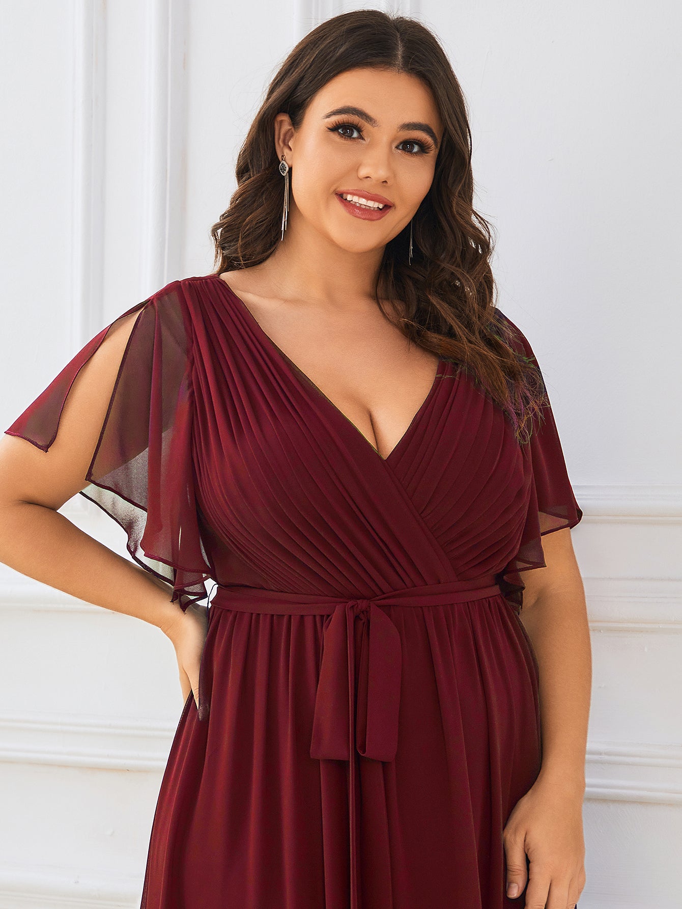 Plus Size Pleated Tie-Waist Chiffon Bridesmaid Dress #color_Burgundy