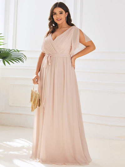Plus Size Ruffle Pleated Chiffon Tie-Waist Evening Dress #color_Blush