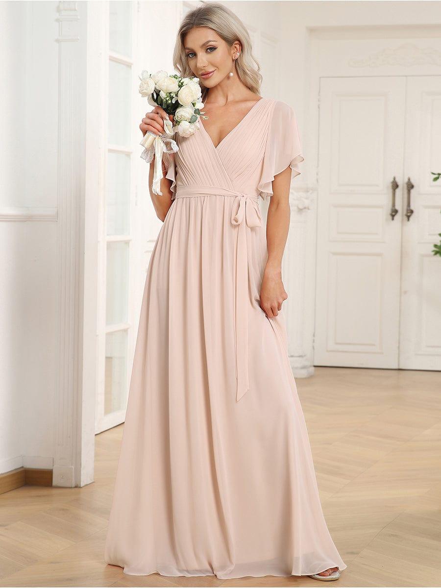 A-Line Pleated Chiffon Tie-Waist Evening Dress #color_Blush