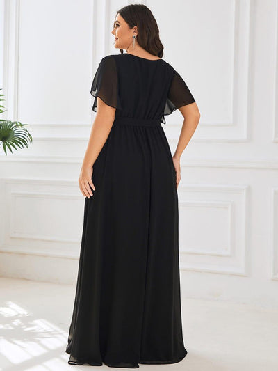 Plus Size Pleated Tie-Waist Chiffon Bridesmaid Dress #color_Black