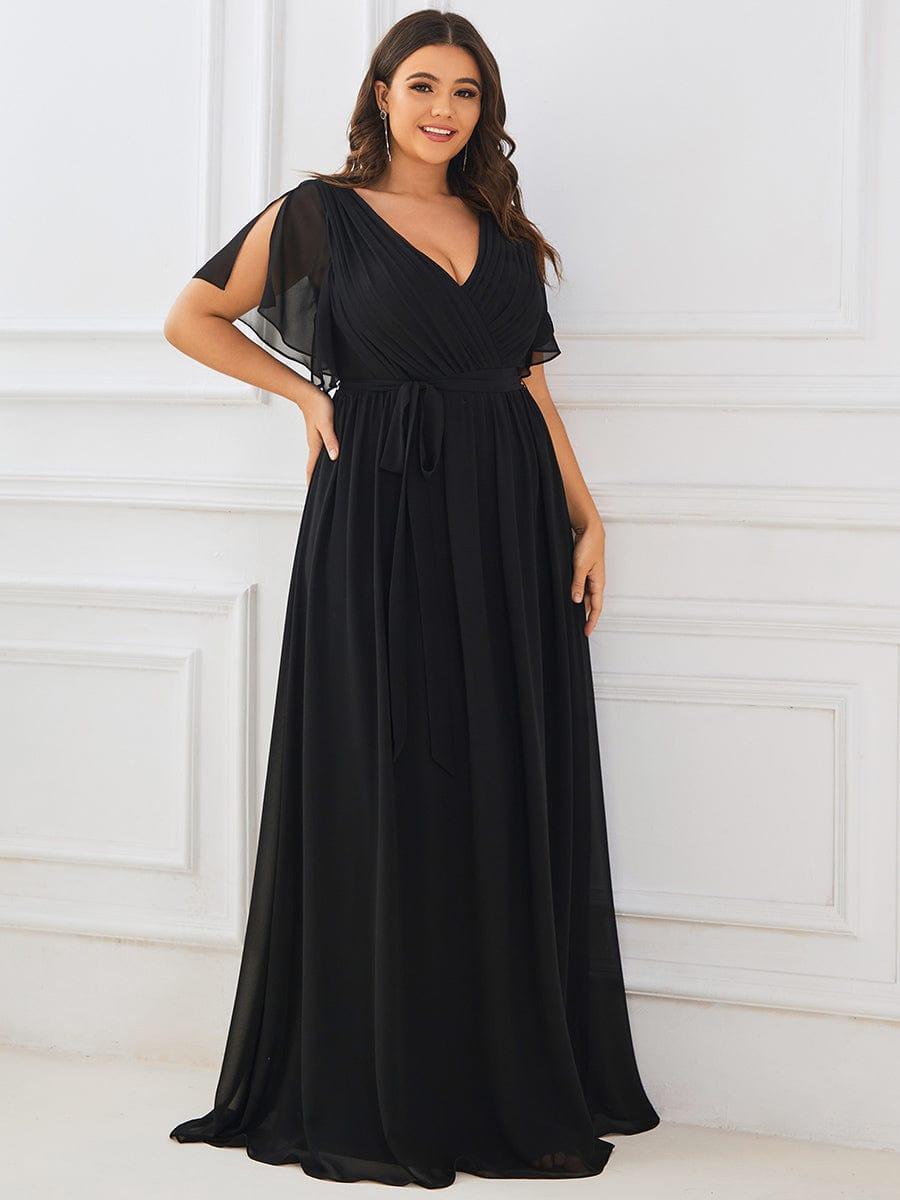 Plus Size Pleated Tie-Waist Chiffon Bridesmaid Dress #color_Black