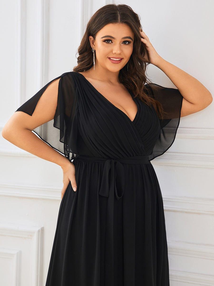 Plus Size Pleated Tie-Waist Chiffon Bridesmaid Dress #color_Black
