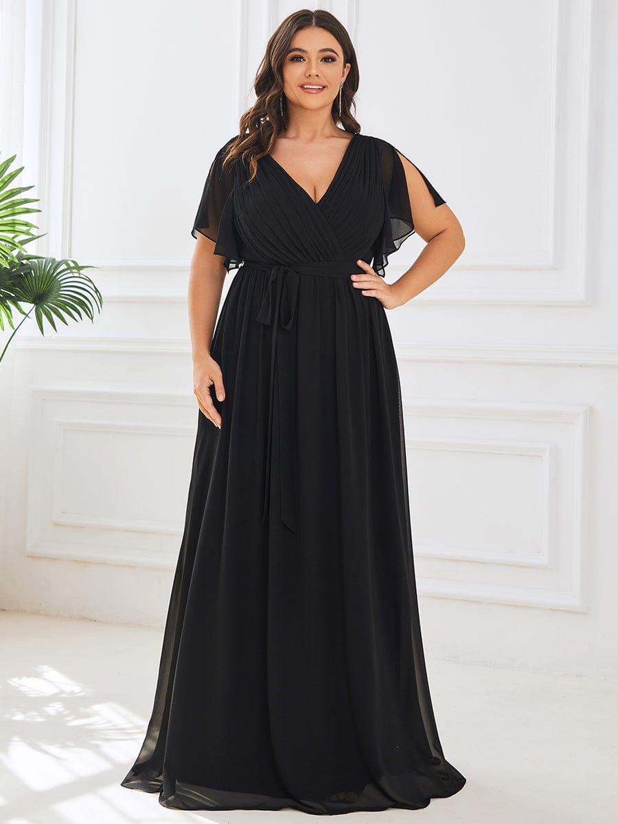 Chiffon Dress Pleated Dress Size 20 Plus Size Ruffle Sleeve V-Neck