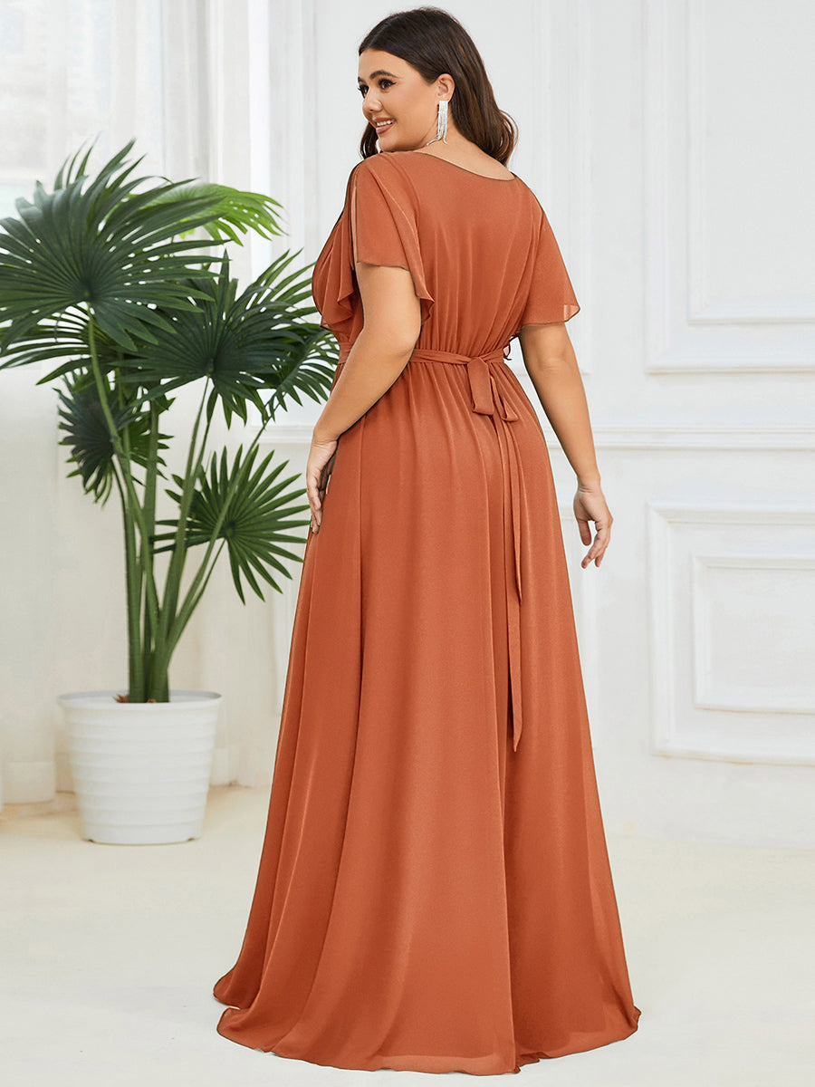 A-Line Pleated Chiffon Tie-Waist Evening Dress #color_Brandied Melon