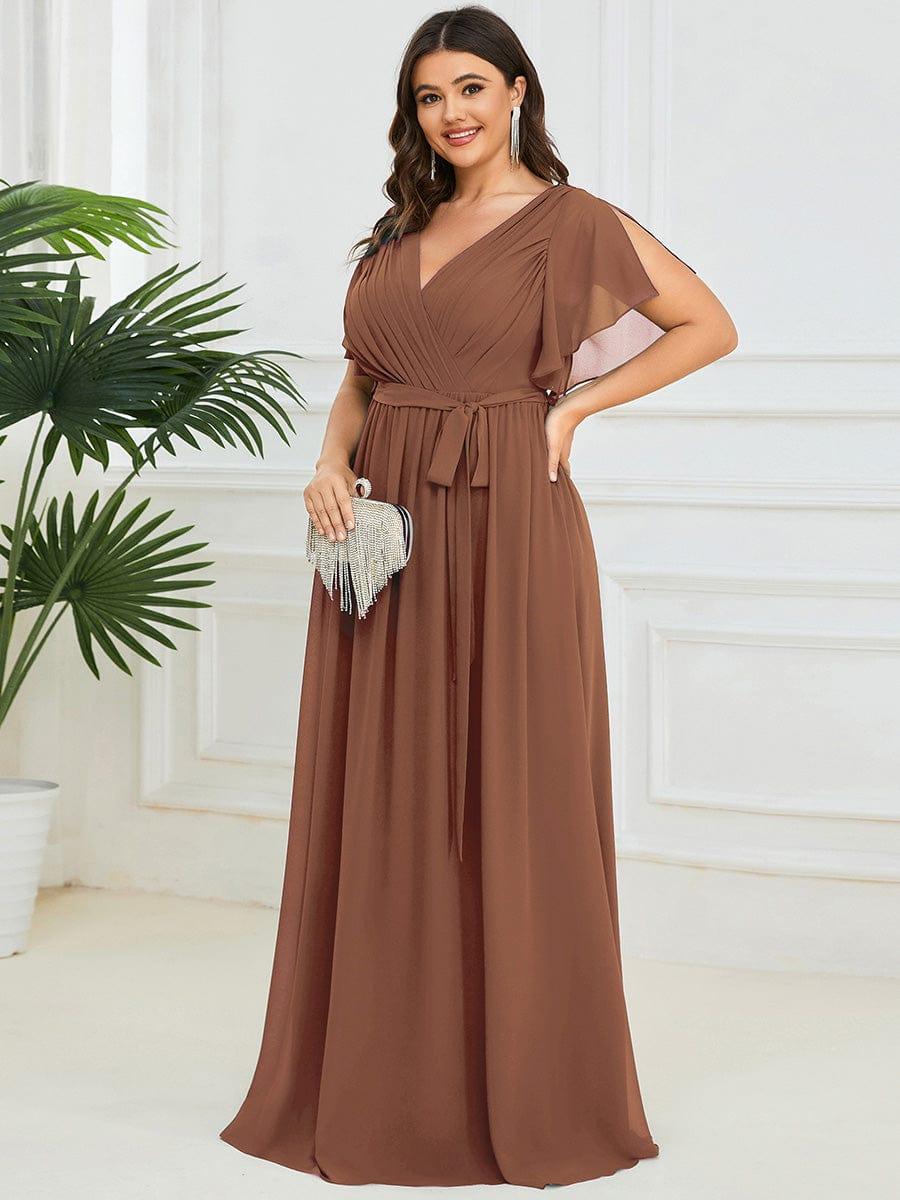Custom Size Tie-Waist Pleated A-line Evening Dress #color_Brown