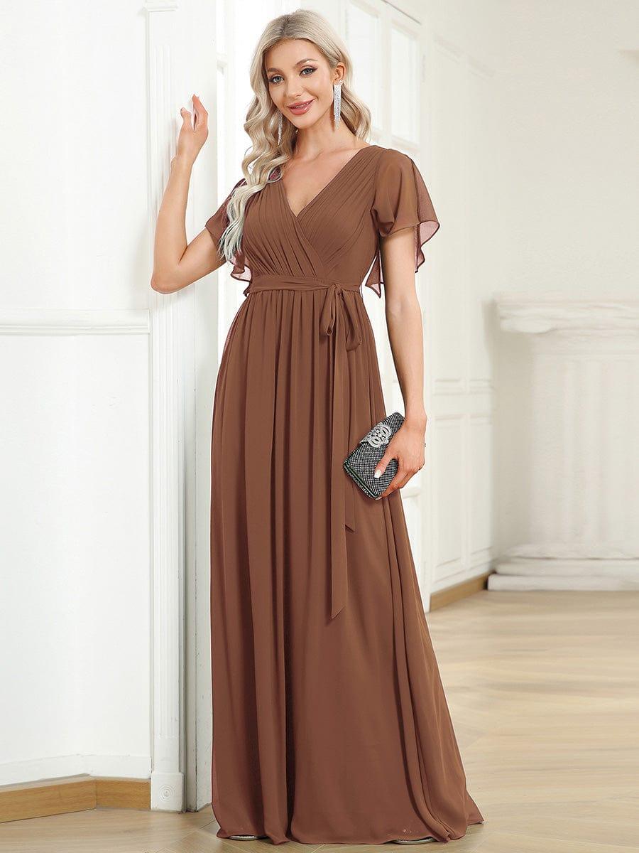 Custom Size Tie-Waist Pleated A-line Evening Dress #color_Brown