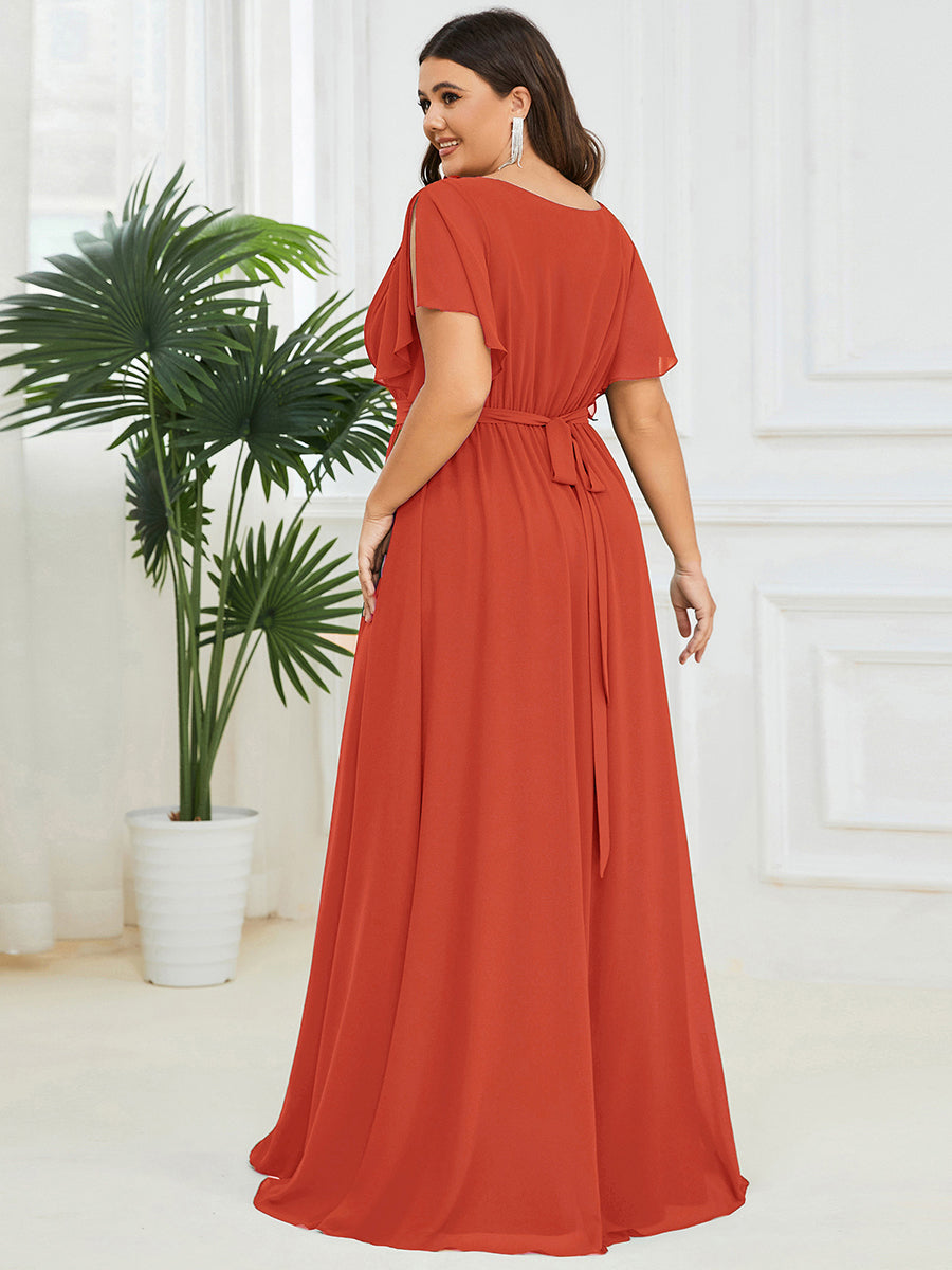 Plus Size Pleated Tie-Waist Chiffon Bridesmaid Dress #color_Burnt Orange