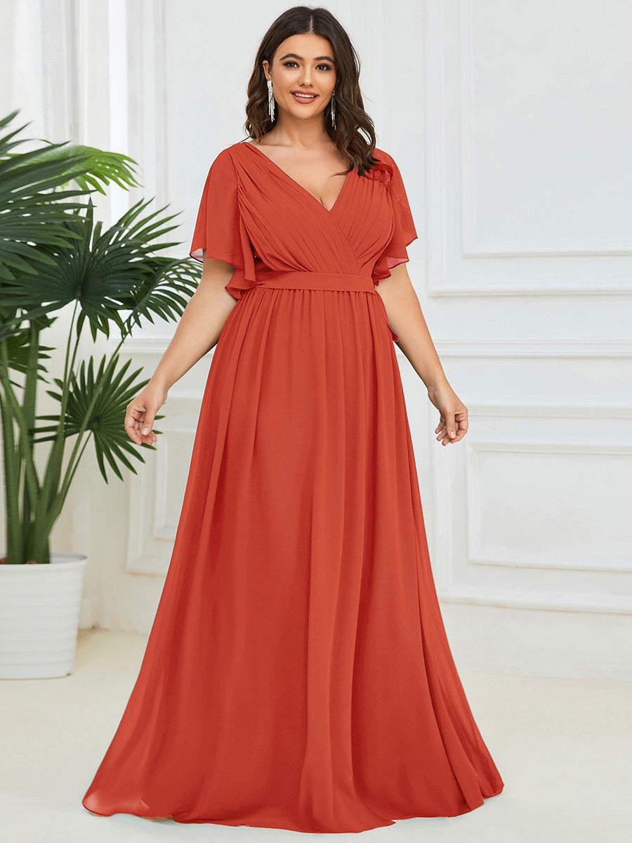 Plus Size Pleated Tie-Waist Chiffon Bridesmaid Dress #color_Burnt Orange