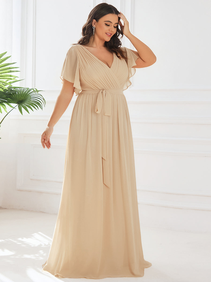 Plus Size Pleated Tie-Waist Chiffon Bridesmaid Dress #color_Champagne