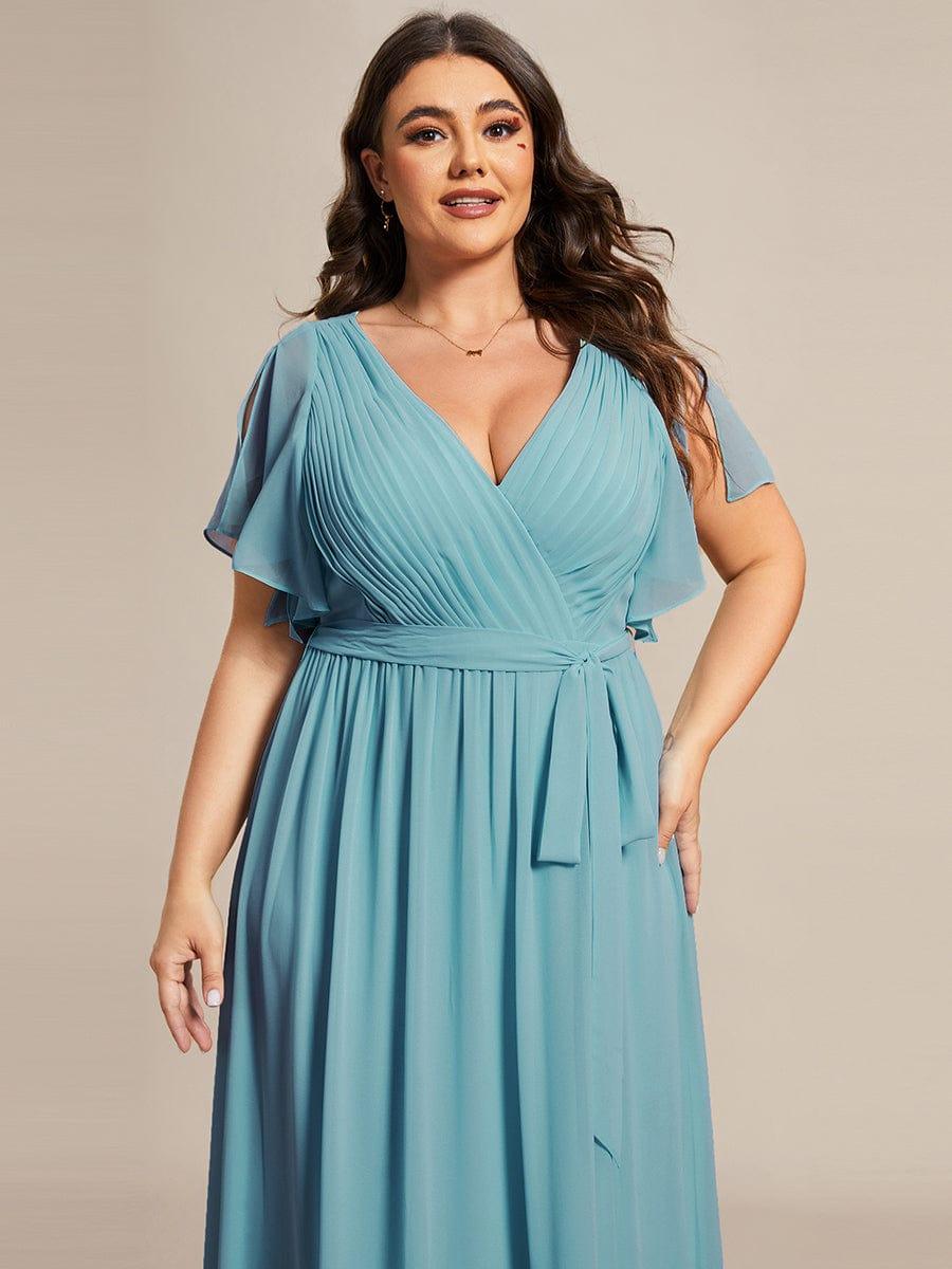 Plus Size Ruffle Pleated Chiffon Tie-Waist Evening Dress #color_Light Teal