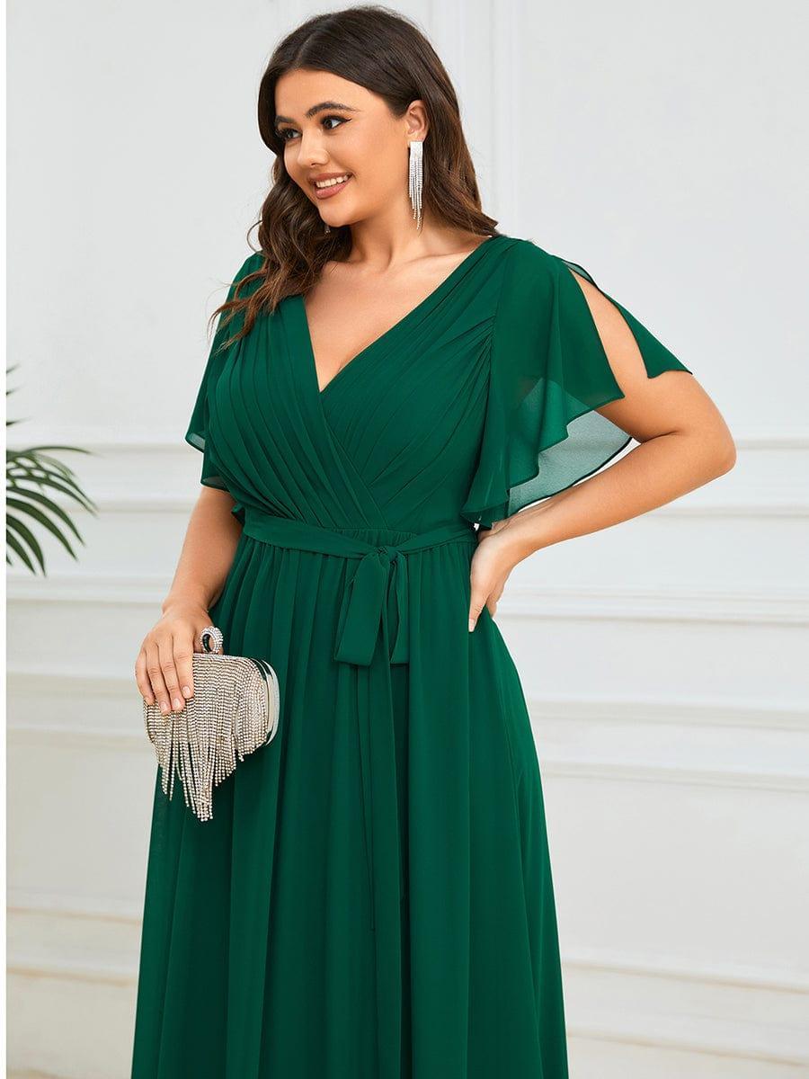 Plus Size Pleated Tie-Waist Chiffon Bridesmaid Dress #color_Dark Green