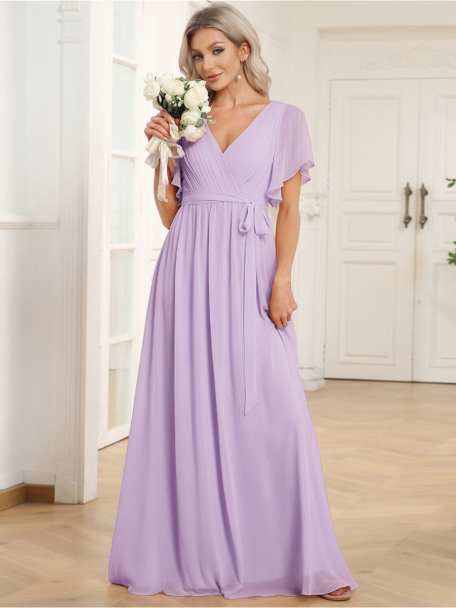 A-Line Pleated Chiffon Tie-Waist Evening Dress #color_Frosted Lilac