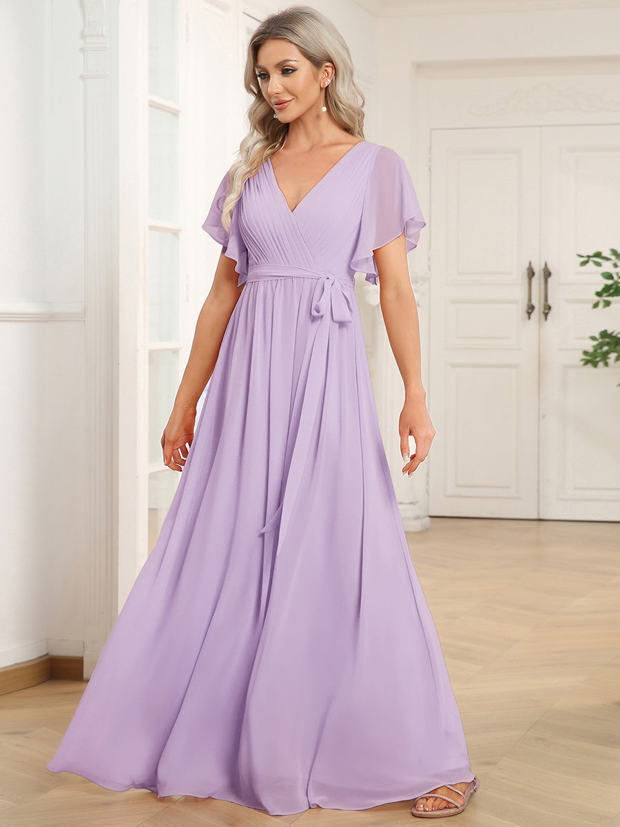 A-Line Pleated Chiffon Tie-Waist Evening Dress #color_Frosted Lilac