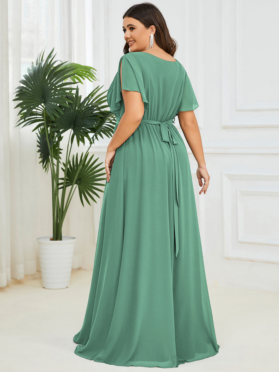 Plus Size Pleated Tie-Waist Chiffon Bridesmaid Dress #color_Green Bean