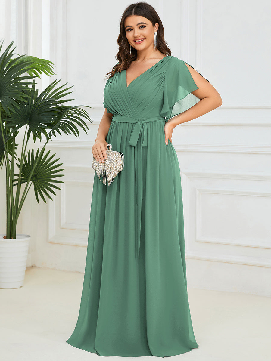Plus Size Pleated Tie-Waist Chiffon Bridesmaid Dress #color_Green Bean