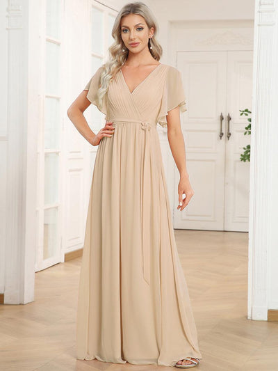 Plus Size Pleated Tie-Waist Chiffon Bridesmaid Dress #color_Gold