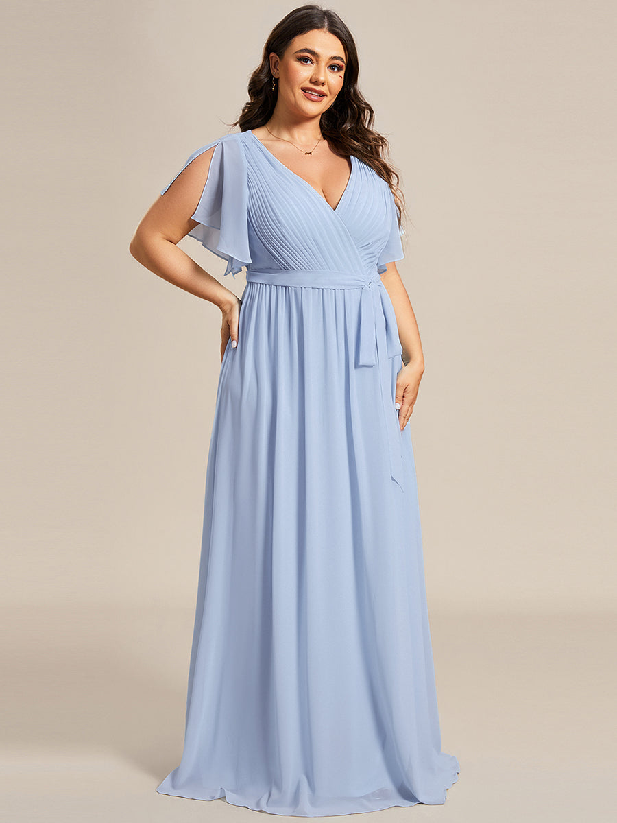 Plus Size Pleated Tie-Waist Chiffon Bridesmaid Dress #color_Ice Blue