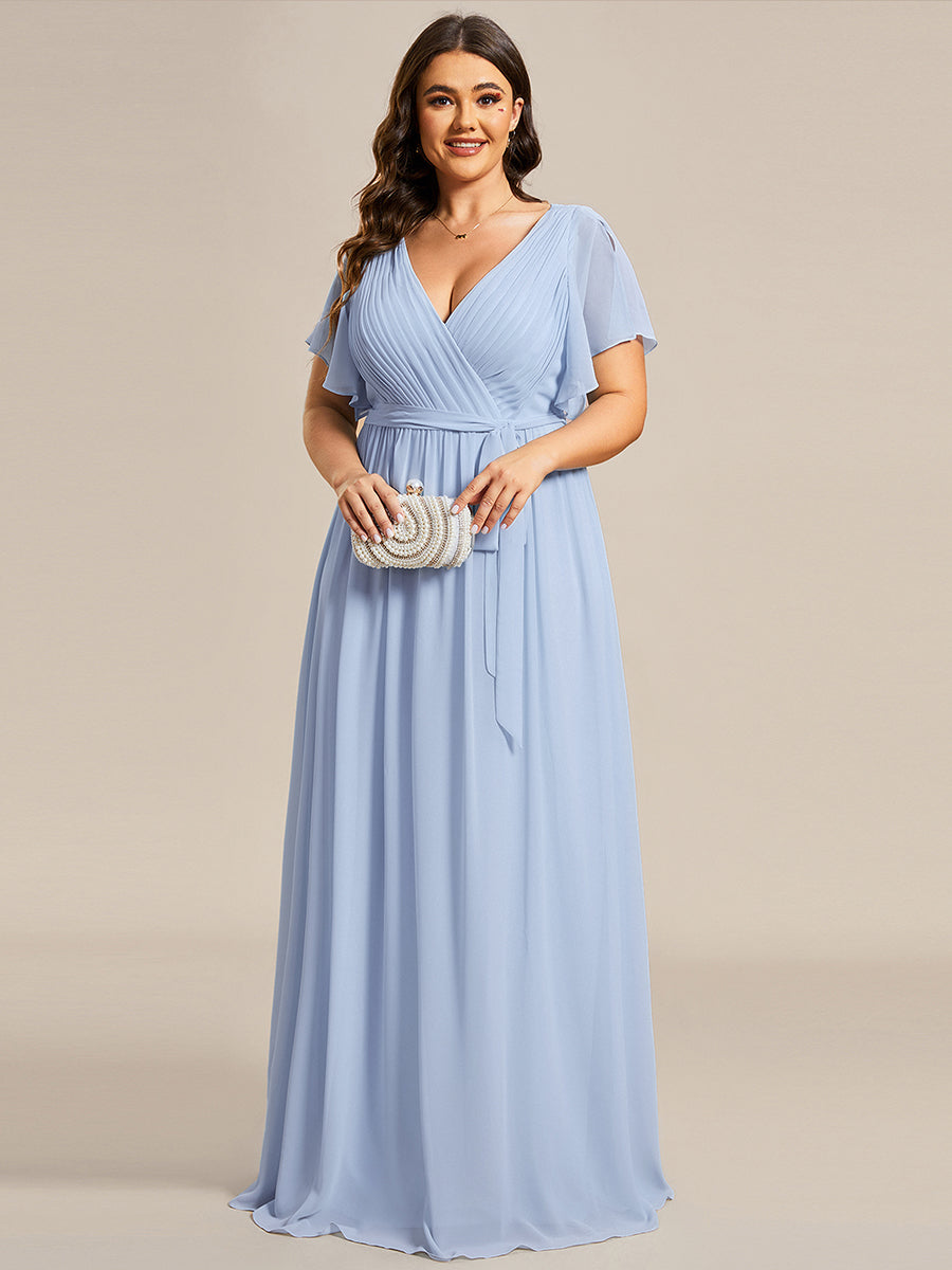 Plus Size Pleated Tie-Waist Chiffon Bridesmaid Dress #color_Ice Blue
