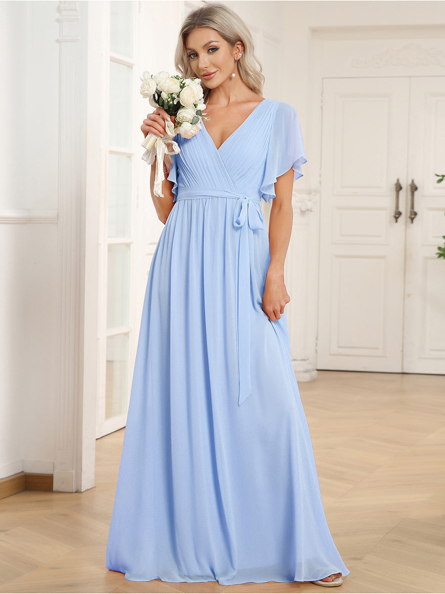 A-Line Pleated Chiffon Tie-Waist Bridesmaid Dress #color_Ice Blue