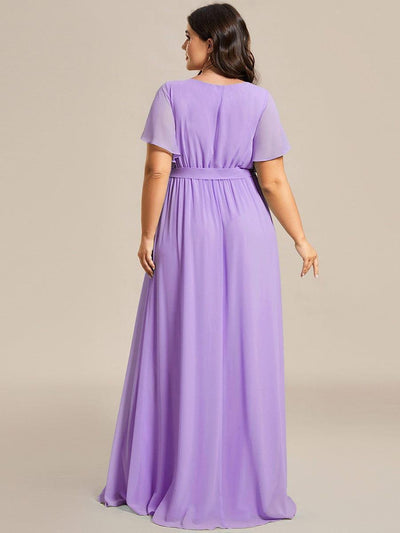 Plus Size Ruffle Pleated Chiffon Tie-Waist Evening Dress #color_Lavender